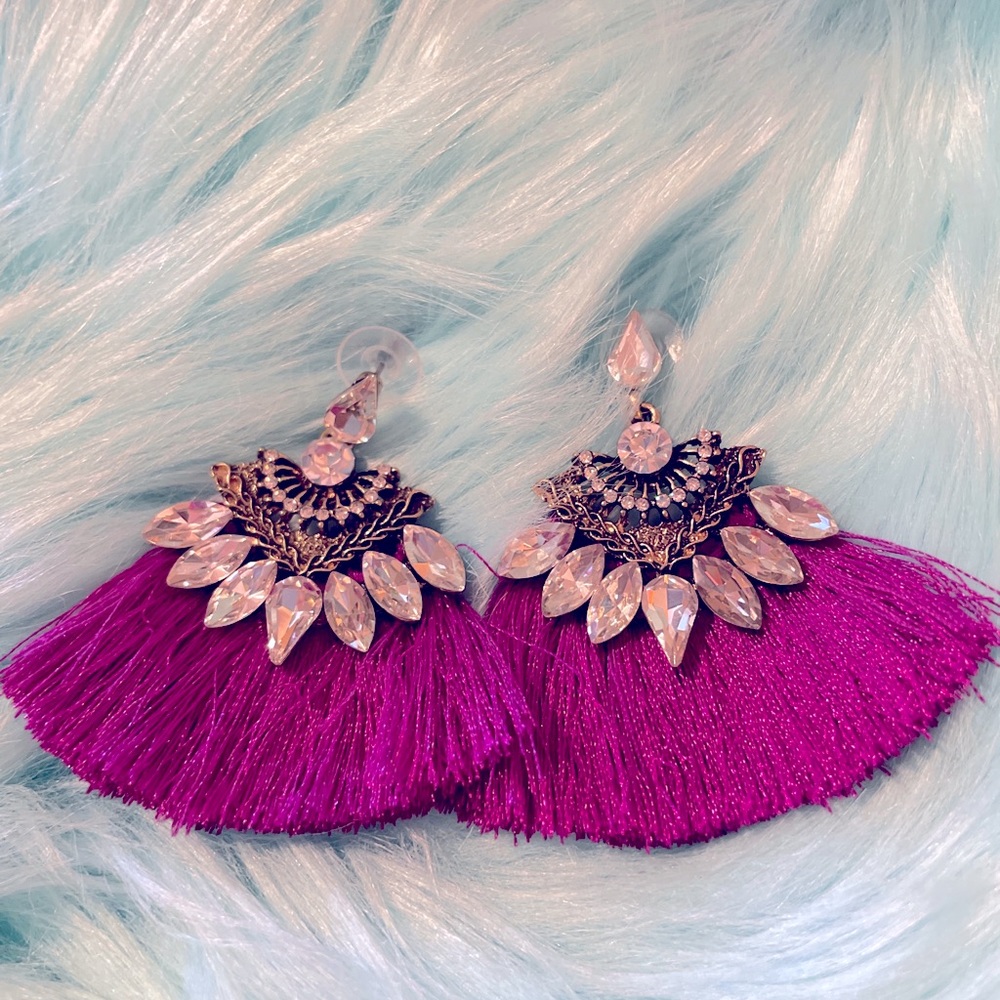 Boho fuchsia fringe rhinestone earrings